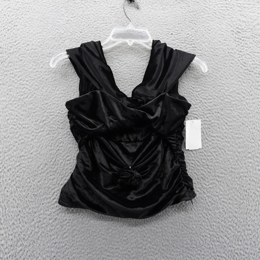 WAYF Black Ruched Ruffle Velvet Sleeveless Top‎ Womens Small NEW